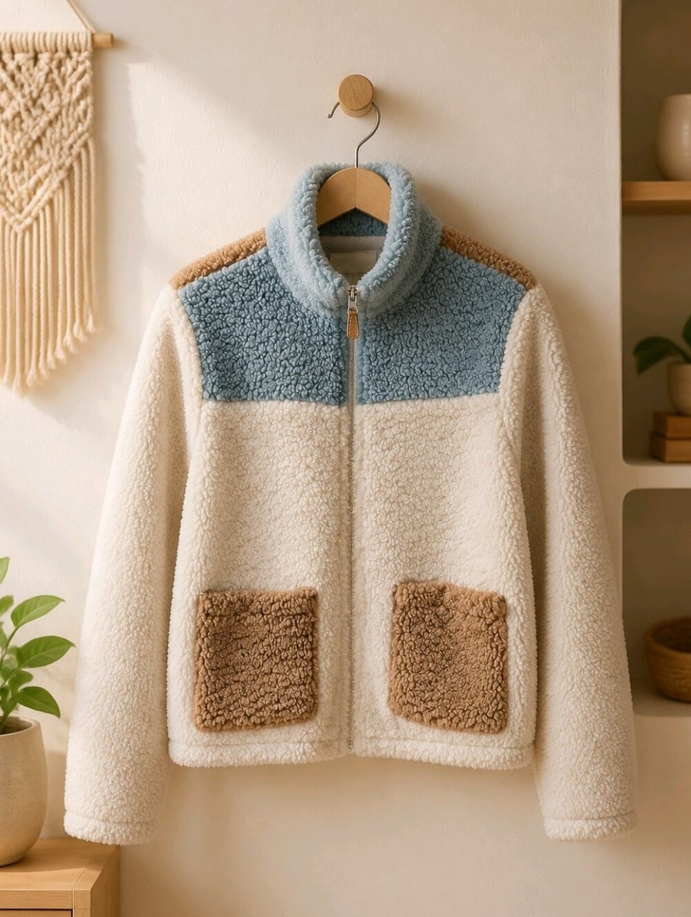 Thread & Supply Cream, Blue & Tan Colorblock Sherpa Jacket Sz Small Fluffy Warm